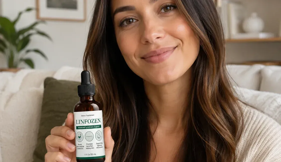 Woman holding Linfozen Lymphatic Drainage Drops